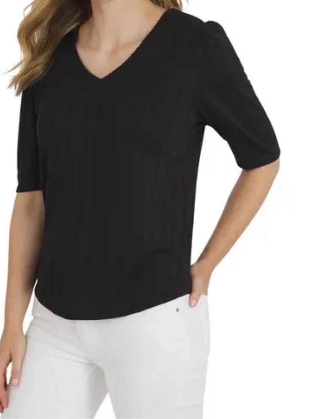 Lands' End Women's Pointelle V-Neck Elbow Sleeve Top